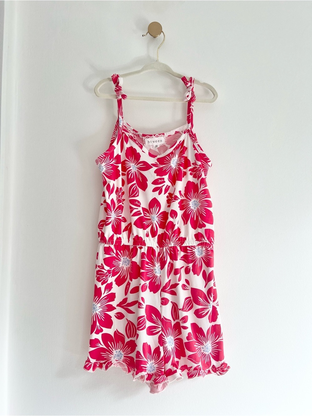 (NWOT) btween White Romper w/ Pink Hawaiian Floral Print & Ruffled Hem, Girls 10